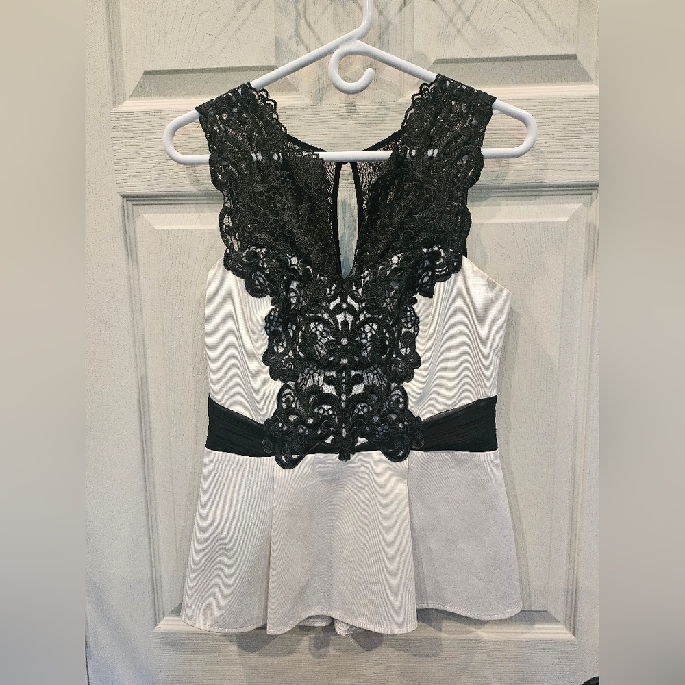 Lipsy White Peplum Top with Black Lace Detail